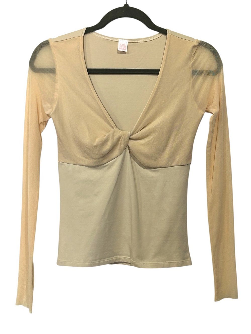 Ethereal Beige Long Sleeve Balletcore Twisted Front Top Delicate Soft Mesh M